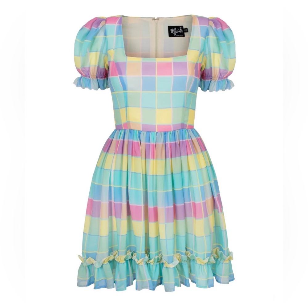 NWT 4X Hell Bunny Skye Mini Dress Pastel Rainbow Gingham Checkered Print